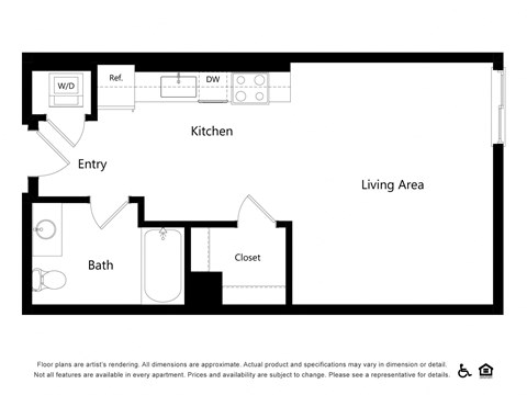Floor plan for studio, 1 bath, 553 sqft